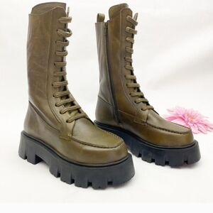 Free People Jones Lug Sole Lace Up Boots Leather Platform Olive Green